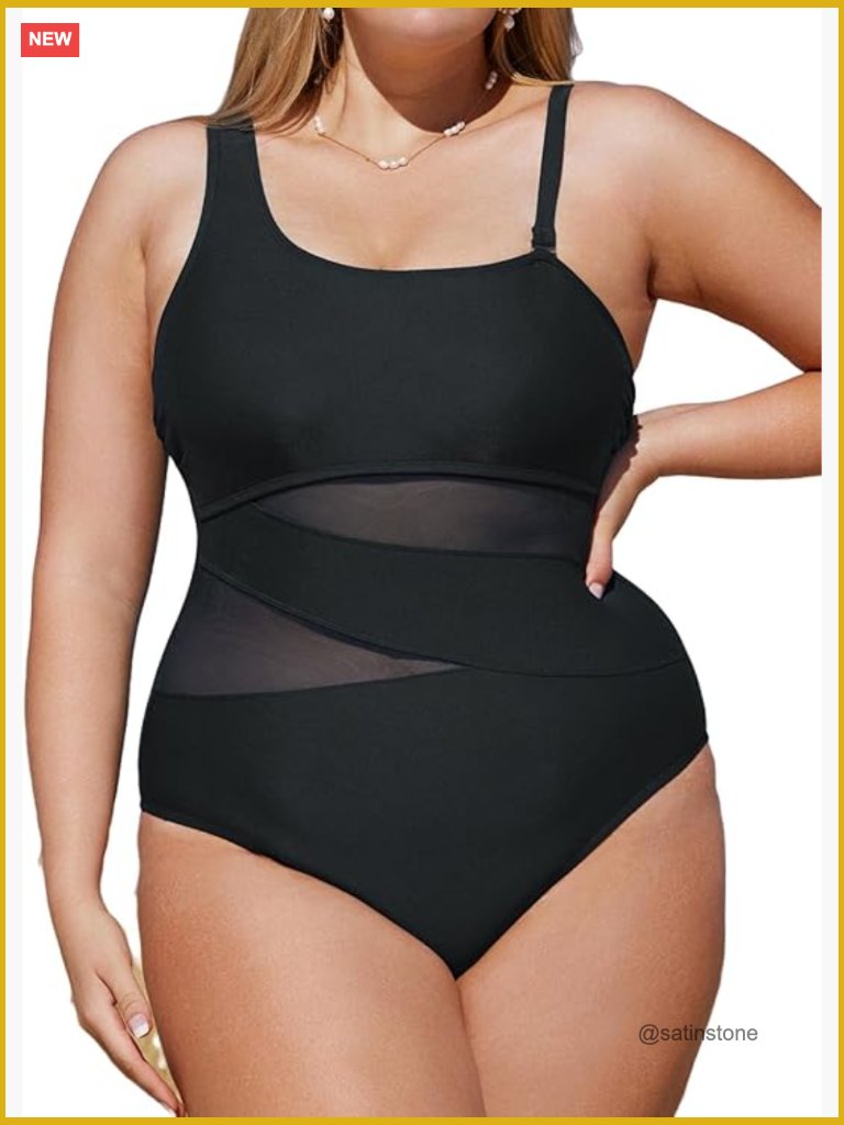 Plus Size One Piece Swimsuit Mesh Removable Straps Tummy Control